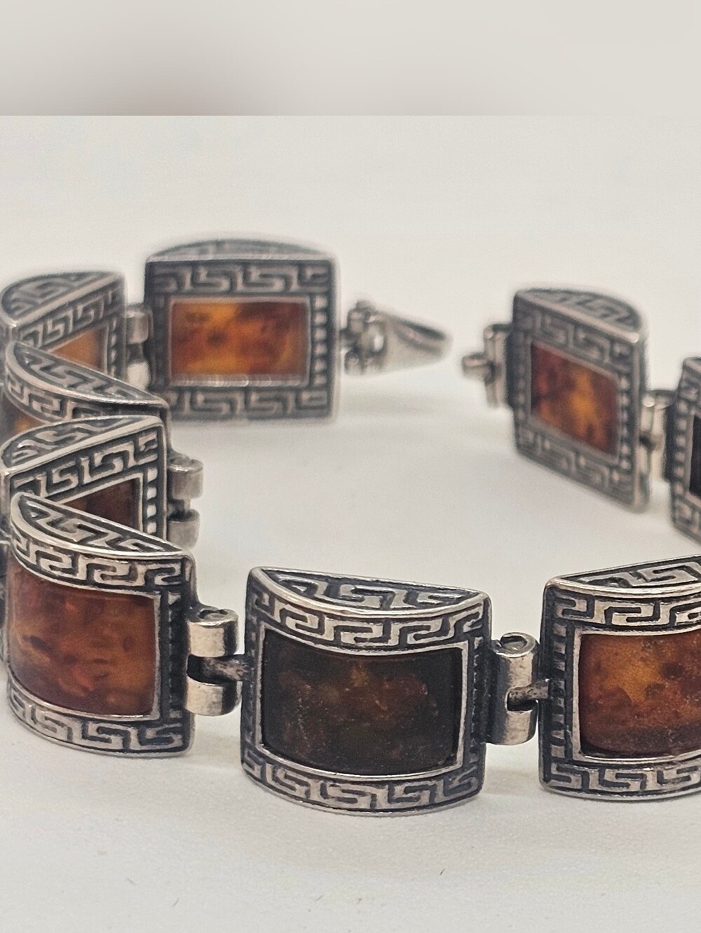 Sterling Silver Amber Link Bracelet - Brown Amber